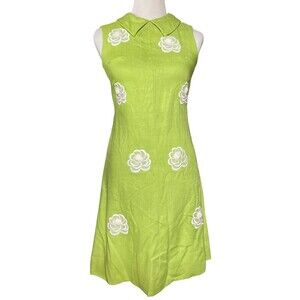 CARLYE S/M 3D Floral Green Linen Sleeveless Minidress VTG 60s 70s 30” Waist